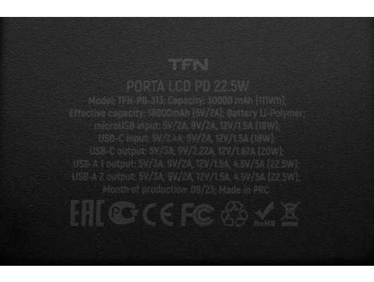 Внешний аккумулятор TFN 30000mAh Porta LCD PD 22.5W bk TFN-PB-313-BK